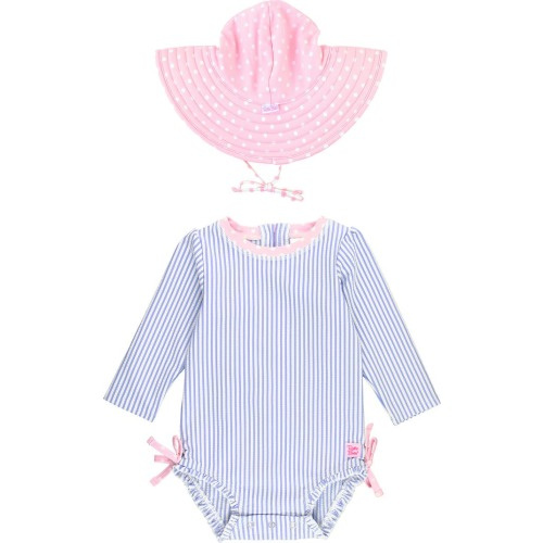 Baby Seersucker One-Piece Rashguard Swimsuit & Hat Set, 6-12M, Periwinkle Seersucker