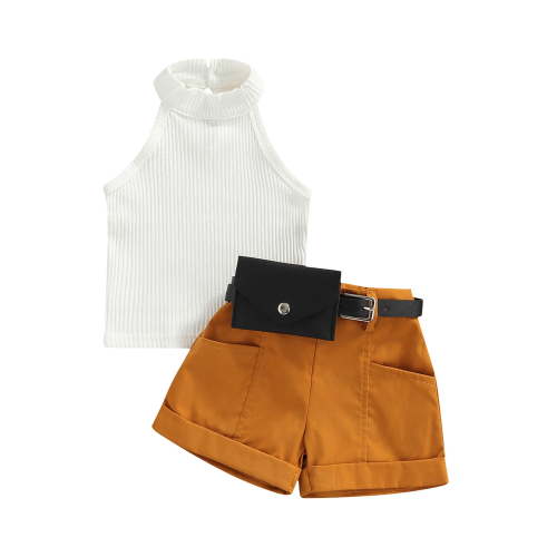 Bagilaanoe 2Pcs Little Girls Short Pants Set Sleeveless Ribbed Vest Tops + Shorts with Waist Bag 4T 5T 6T 7T 8T Kids Casual Summer Outfits