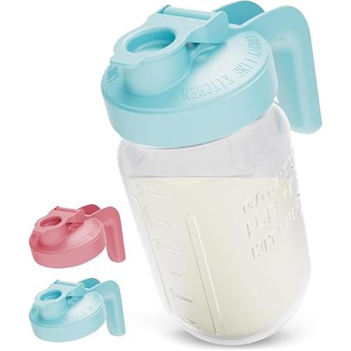 County Line Kitchen Glass Breast Milk Pitcher with Lid - Wide Mouth, 1 Quart (32 oz) - Heavy Duty, Leak Proof - Sun & Iced Tea Pitcher, Cold Brew Coffee, Breast Milk Storage, Water - Light Blue