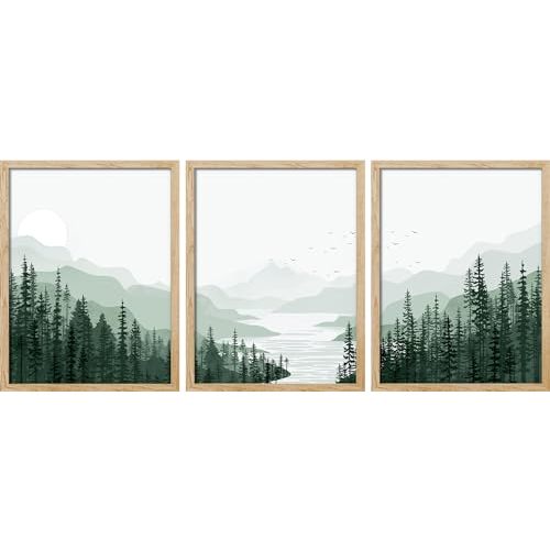 SIGNWIN Frame Sage Green Mountain Range Pine Tree Forest Wall Art, Set of 3 Nature Wilderness Illustrations Wall Decor Prints Minimalist Wall Décor for Living Room, Bedroom - 12"x16" Natural
