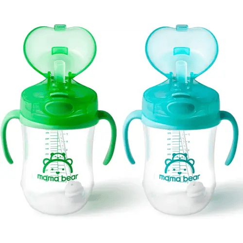 Amazon Brand - Mama Bear Silicone Weighted Straw Sippy Cup, 9 Ounces, Pack of 2, Blue/Green