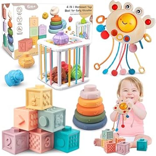 4-in-1 Baby Toys for 6-12 Months, Montessori Soft Stacking Blocks for Babies, Infants Teething Toys, Sensory Balls and Educational Learning Set for and Toddlers (Boys & Girls)