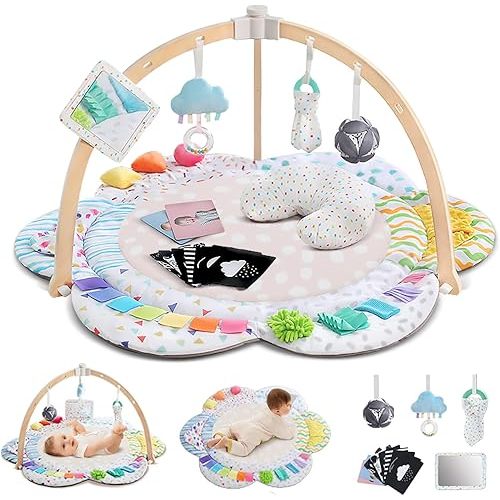 Baby Play Gym & Activitiy Mat, Upgraded 6 Developmental Zones, Tummy Time Mat with Sensory Toys for Motor Skill & Sensory Development