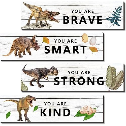 UBLURO 4 Pieces Dinosaur Motivational Wall Art Decors - Dinosaur Wooden Hanging Wall Prints Plaques, Dinosaur Room Decor for for Kids Boys Nursery Bedroom Decorations