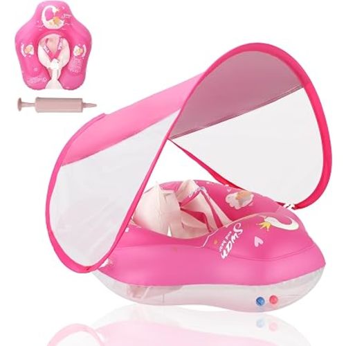 Baby Pool Float with Canopy Infant Swim Float Baby Floatie with UPF50+ Sun Protection Baby Swimming Float with Safety Seat for Toddler from 3 to 36 Months(S:3-12 Months/L:6-36 Months)