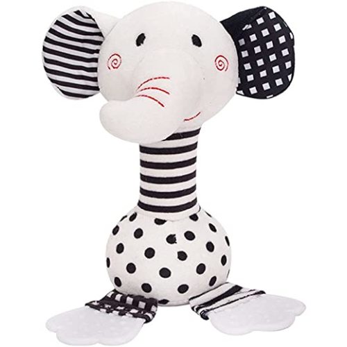Baby Toys 0-12 Months, Black and White Newborn Toys, Soft Plush Rattle Stuffed Animal Toy with Teether and Sound, Developmental Hand Grip Toys (Elephant)