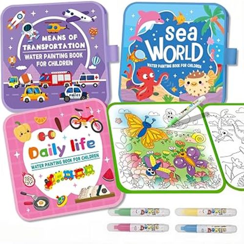 Water Painting Book for Kids - 4 Pack Magic Water Coloring Book with Water Pen Themes - Mess Free Water Art Book for Toddlers,No Mess Paint Coloring & Reusable Fun for Ages 3+ Travel Activity Toys
