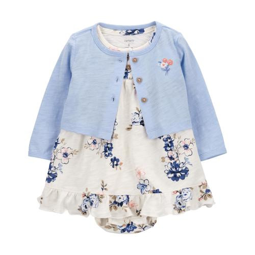 Baby 2-Piece Bodysuit Dress & Cardigan Set - 3M - Style,Ivory/Blue
