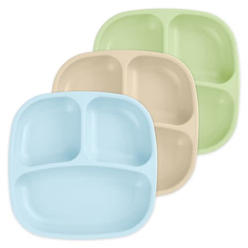 Re-Play Made in USA 7" Deep Walled Divided Plates for Kids, Set of 3 - Reusable 3 Compartment Plates, Dishwasher and Microwave Safe - 7.37" x 7.37" x 1.25", Beach Baby