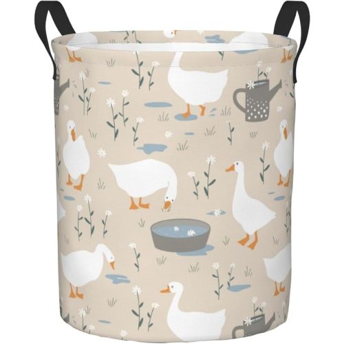 Cute Doodle Goose Flowers Collapsible Laundry Basket with Handle Waterproof Hamper Storage Organizer Large Bins for Dirty Clothes,toys