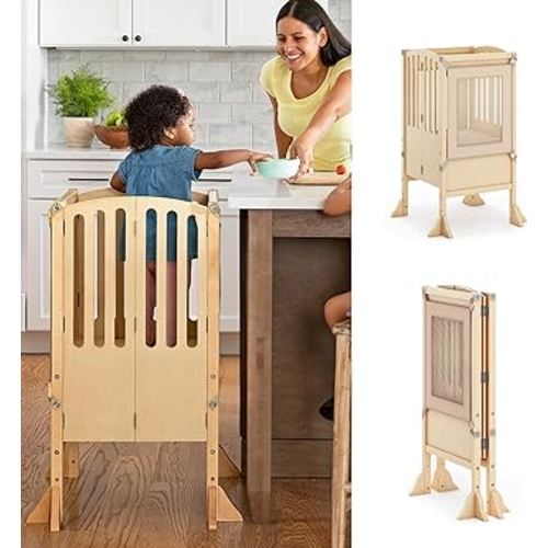 Guidecraft Kitchen Helper® Toddler Tower Step Stool - Contemporary - Natural: Folding Adjustable Height Montessori Wooden Learning Furniture with Keepers