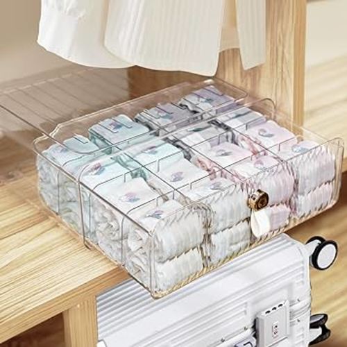 Clear Acrylic Divided Socks & Underwear Organzier Box for Closet, Stackable Baby Clothes Organizer Bins with Removable Adjustable Dividers for Wardrobe/Countertop, 16 Cell