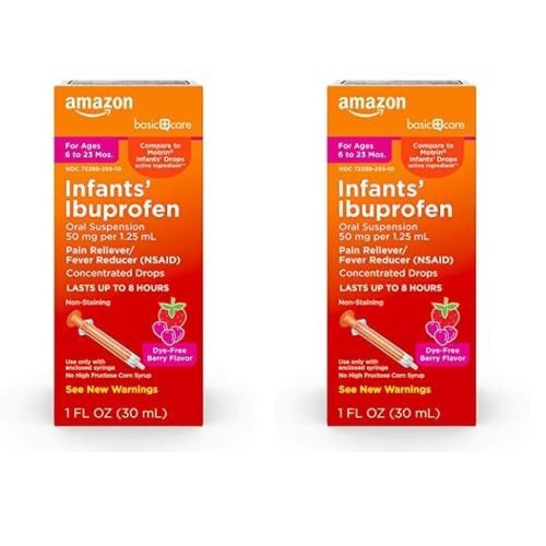 Amazon Basic Care Infants’ Ibuprofen Oral Suspension, 50 mg/1.25 mL, Berry Flavor Concentrated Drops, Dye-Free, 1 fl oz (Pack of 2)
