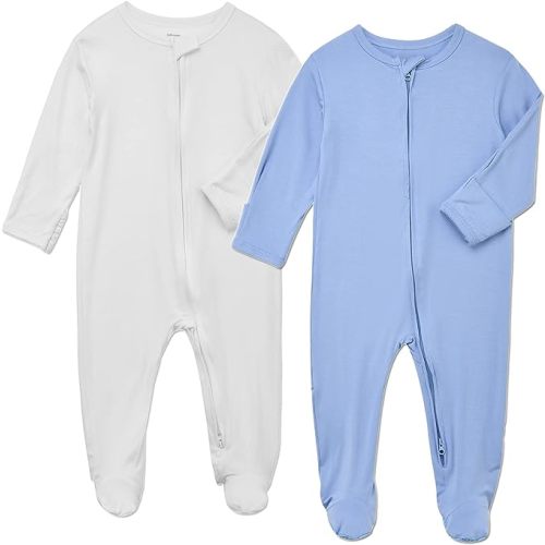 Aablexema Baby Footie Pajamas Zipper - Rayon from Bamboo Infant Footed Pjs with Mittens Sleepwear Jammies - White and Blue - 6-12 Months
