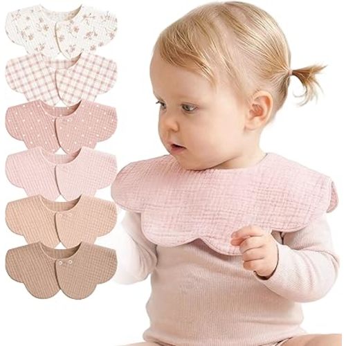 MairMore Muslin Baby Bibs, 6 Pack 100% Cotton Absorbent 360 ° Rotate Flower-Shaped Bandana Drool Bibs for Baby Girls & Boys