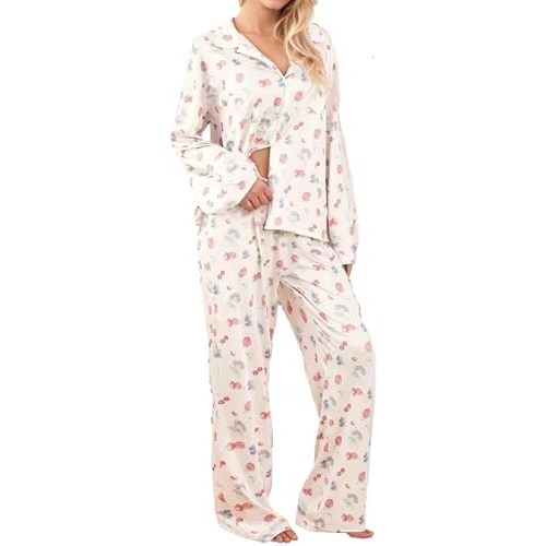 Womens 2 Piece Fruit Floral Pajamas Button Down Pajama Sets Cute Long Sleeve Wide Leg Soft Pjs Loungewear