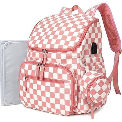 FHELAD Checkered Diaper Bag Backpack with Changing Pad & Stroller Clips, Large Travel Baby Diaper Bag for Newborn Moms, Baby Shower Gifts (Peach Pink)