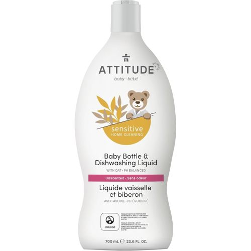 ATTITUDE Baby Dish Soap for Sensitive Skin with Oatmeal, Plant and Mineral-Based Ingredients, Vegan Household Products, Unscented, 23.6 Fl Oz