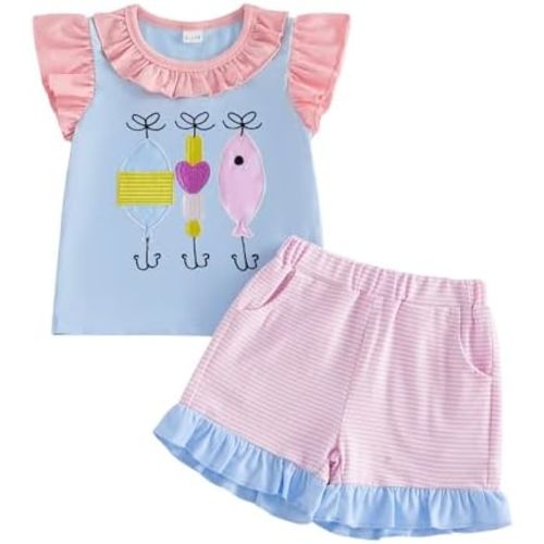Toddler Baby Girl Fishing Outfit Fish Embroidery T-Shirt Top Striped Ruffle Shorts Set 2Pcs Girls Summer Clothes