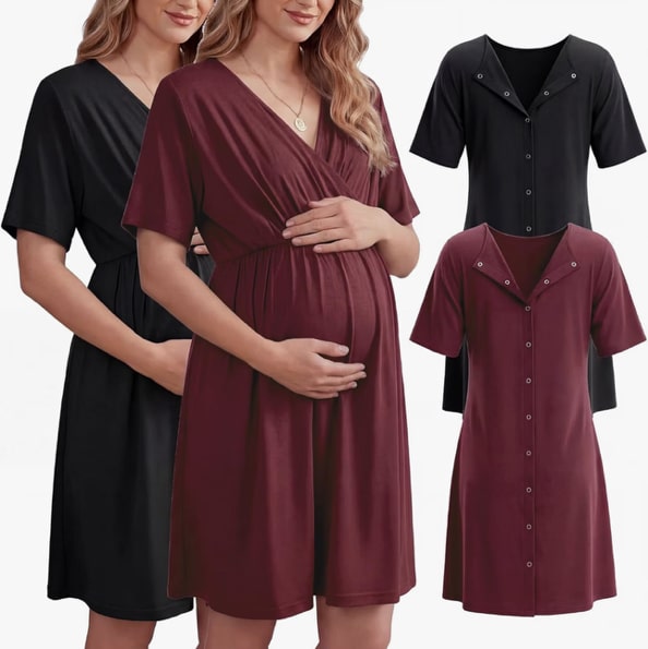 2 Pack Labor and Delivery Gown for Hospital Maternity Nursing Short Sleeve Gown Button Back Birth Recovery Sleepwear