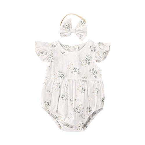 Newborn Baby Girl Romper Floral Ruffle Sleeveless Jumpsuit Cotton Bodysuit with Headband Summer Clothes Outfit