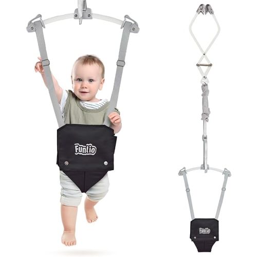 FUNLIO Baby Door Jumper for 6-24 Months (with Door Clamp), Baby Jumper Doorway with Strong Spring & Adjustable Strap, Portable Infant Door Bouncer, Bearing 40 Lbs, CPC & CE Certified - Black
