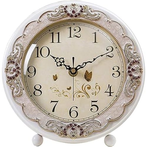 Justup Vintage Table Clock, Retro Non-Ticking European Style Beside Mantle Desk Clock Battery Operated Silent Quartz Movement for Bedroom Living Room Indoor Decor (White)