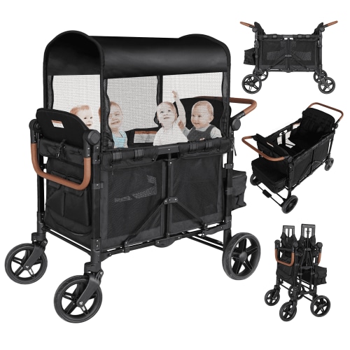 TouHeart Wagon Stroller 4 Passenger with Canopy, Removable Seats, 5-Point Harness, Black