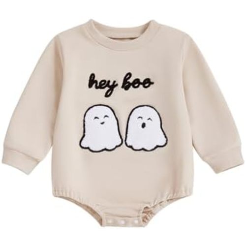 Newborn Baby Girl Boy Halloween Outfit Long Sleeve Ghost Print Sweatshirt Bubble Romper Cute Halloween Baby Clothes
