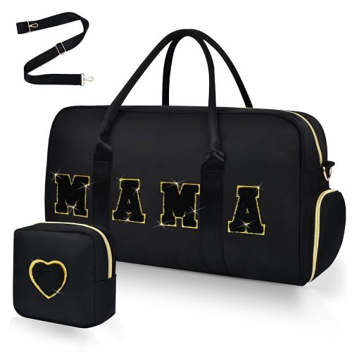 Mama - Bolsa de hospital para mujer, para trabajo de parto y parto, de nailon, con letras bordadas, bolsa de fin de semana con compartimento para zapatos y regalos para el día de la madre, Negro/Oro