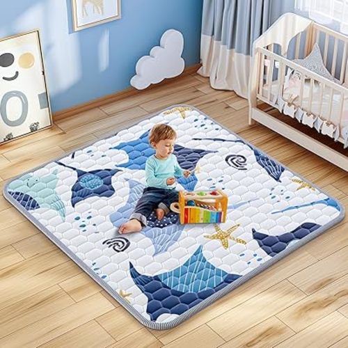 Omzer Baby Play Mat 43×43inch - Thick & Soft Baby Cushioned Playmat for Playpen - Crawling Mat for Babies Toddlers & Infants with Non-Slip Silicon Dot - Machine Washable Floor Playmats in Marine Style
