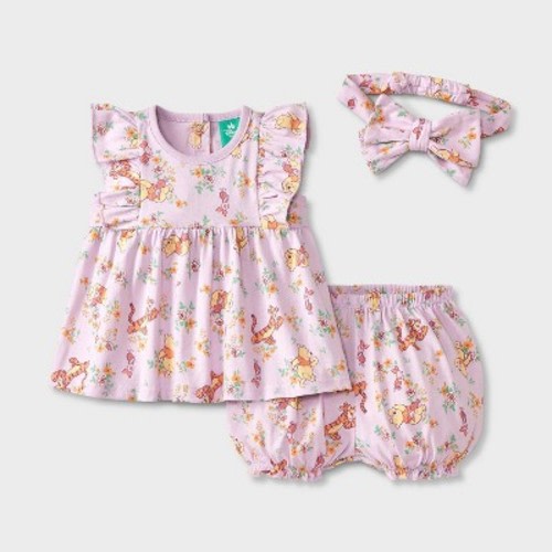 Baby Girls' 3pc Disney Winnie The Pooh Top & Bloomer Shorts Set with Headband - Purple 0-3M