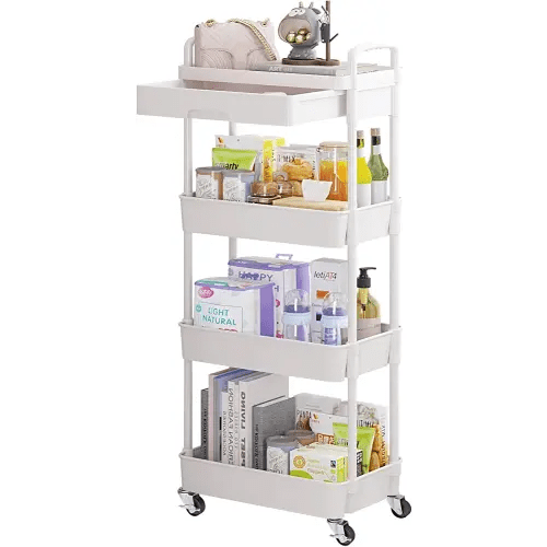 Calmootey 4-Tier Rolling Utility Cart with Drawer,Multifunctional Storage Organizer with Plastic Shelf & Metal Wheel,Storage Cart for Kitchen,Bathroom,Living Room,Office,White