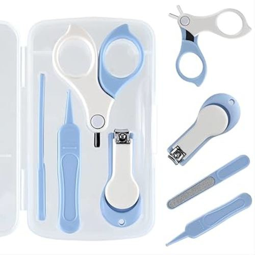 Baby Nail Kit, Baby Manicure Kit and Pedicure kit with Baby Nail Clipper, Scissor, Baby Nail File & Tweezer for Newborn, Infant & Toddler, Perfect for Mothers Day Gifts(Blue&White)