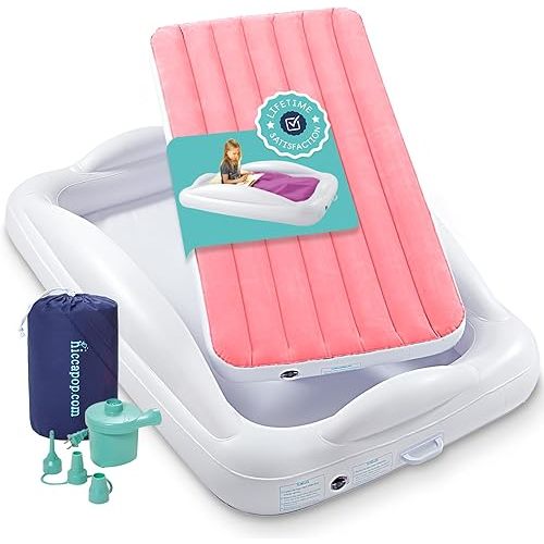 Hiccapop Inflatable Toddler Travel Bed with Safety Bumpers [4-Sided], Portable Toddler Bed for Kids, Toddler Air Mattress, Kids Air Mattress - Pink