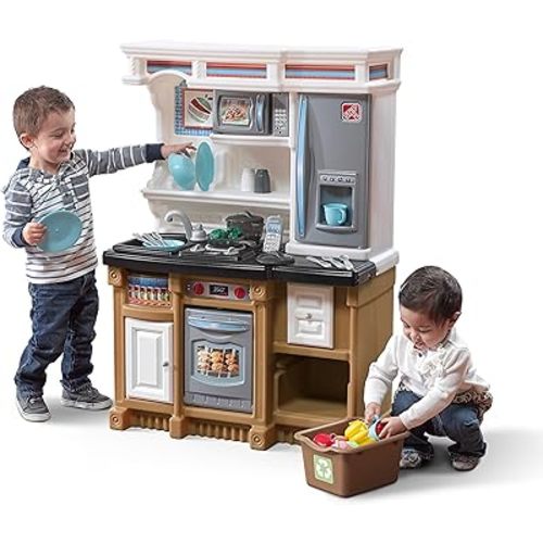 Step2 Lifestyle Custom Kids Kitchen Playset, Indoor/Outdoor Kitchenette, Interactive Play with Lights and Sounds, Made of Durable Plastic, 20 Piece Toy Accessories, Toddlers 2+ Years Old, Tan