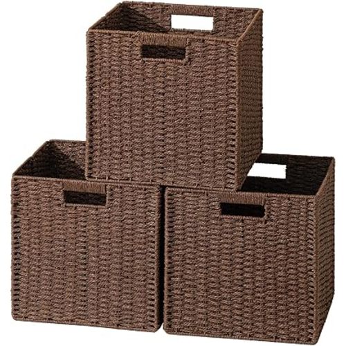 UBBCARE 3 Pack Wicker Basket, 11L×11H×10.5W inch Woven Paper Rope Storage Baskets for Shelves, Foldable Cube Storage bin with Handle, Storage Basket for Organizing & Decor, Brown
