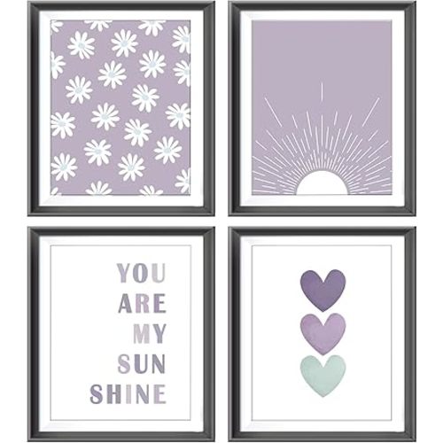 You are My Sunshine Boho Sage Purple Sun Sunshine Daisy Flower Hearts Poster Prints for Girls Kids Room Nursery Playroom Decor,Inspirational Quote Decorations Prints Wall Art Unframed 4pcs 8x10inches…