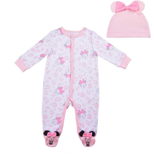 Disney Girl's Minnie Mouse Footed Coverall Bodysuit Creeper with Hat Set