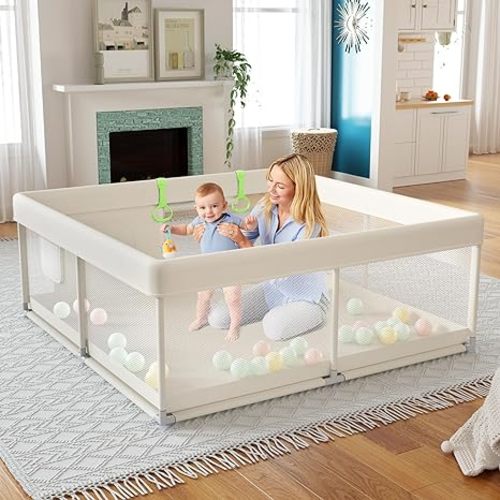 Fodoss Baby Playpen, Upgrade Playpen for Babies and Toddlers, 47x47x26inch Beige Play Pen for Babies with Hand Pulling Ring, Play Pen Center for Kids,Baby Fence,Baby Playards - 47x47inch Beige