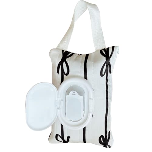 AGLOO Bow Baby Wipes Dispenser - Portable Wet Tissue Storage Bag for Travel, Refillable Diaper Wipe Holder for Car and Stroller – Reusable Hanging Wet Wipe Pouch (Black-White)