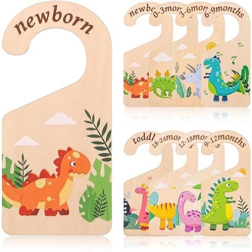 8pcs Baby Closet Dividers, Wooden Dinosaur Theme Baby Closet Size Dividers Baby Closet Organizer Baby Clothing Hanger Dividers from Newborn to Toddler for Baby Girls Boys