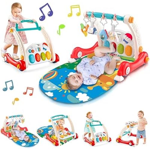 VATOS Baby Play Gym, Baby Learning Walker Activity Gym Mat with Play Piano, 4 in 1 Einstein Play Mat with Musical Lights Rattle Teething Toys, Best Gift for Baby Toddler Infants 3 6 9 12 Months