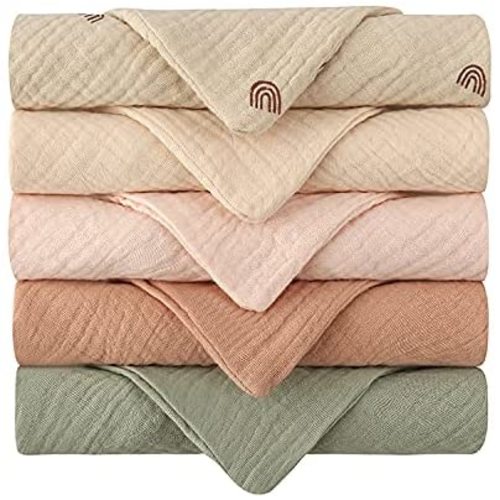 COCOAbi 100% Muslin Baby Washcloth Set in Rustic Boho Colors and Pattern in a Soft 5pc Set