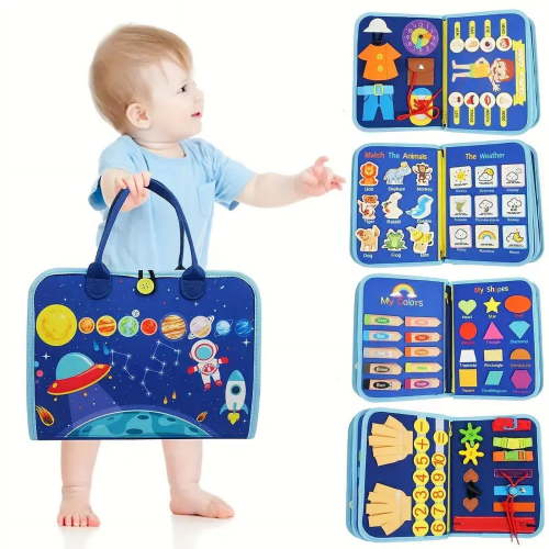 Busy Board Montessori Toy for 1 2 3 4 Year Old Toddlers - Educational Activity Developing Sensory Board for Fine Basic Dress Motor Skills - Travel Toys for Plane Car, Gift for Boys Girls