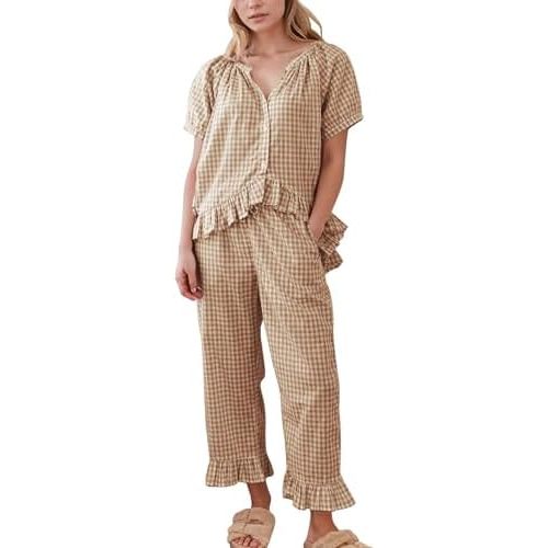 Womens 2 Piece Gingham Pajamas Set Cute Plaid Pjs Cotton Short Sleeve Babydoll Shirt Ruffle Pants Lounge Sets