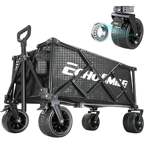 EchoSmile Collapsible Folding Wagon Cart, Beach Wagon for Sand with Big Wheels, Heavy Duty 400lbs Capacity Utility Wagon, Portable Garden Cart with Adjustable Handle, Foldable Grocery Wagon for Sports