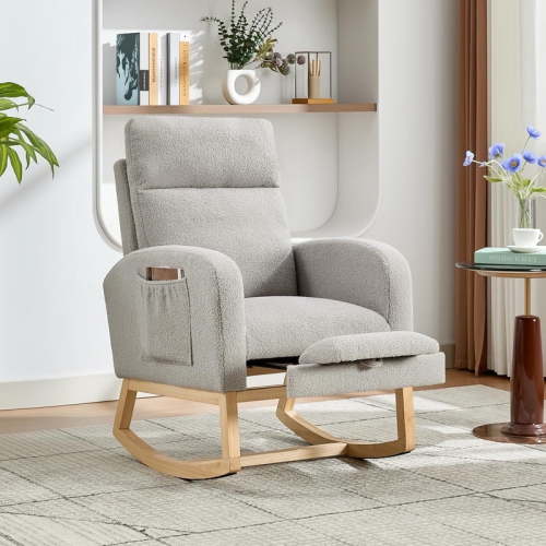 Towallmark Nursery Rocking Chair, Sherpa Upholstered Glider Rocker with Retractable Footrest, High Backrest Accent Chair for Breastfeeding Reading, Compact for Bedroom Living Room Apartments, Grey