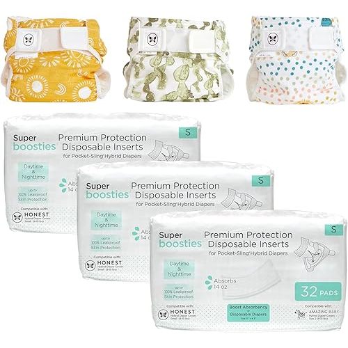 Super Boosties 96ct + Honest Hybrid Cloth Diaper Cover with Pocket-Sling, Small (8-15 lbs), Stops Nighttime Leaks, Boosties Disposable Diaper Inserts, Honest Cotton Muslin Covers, 3 Pack