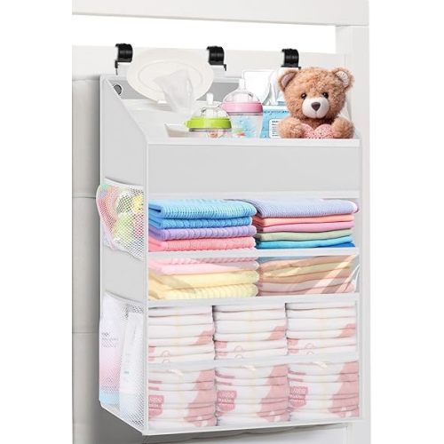 Hanging Diaper Caddy Organizer Crib Organizer–Spacious Baby Girl/Boy Diaper Organizer for Changing Table, Playpen/Wall- Hold 90+ Diaper (White)
